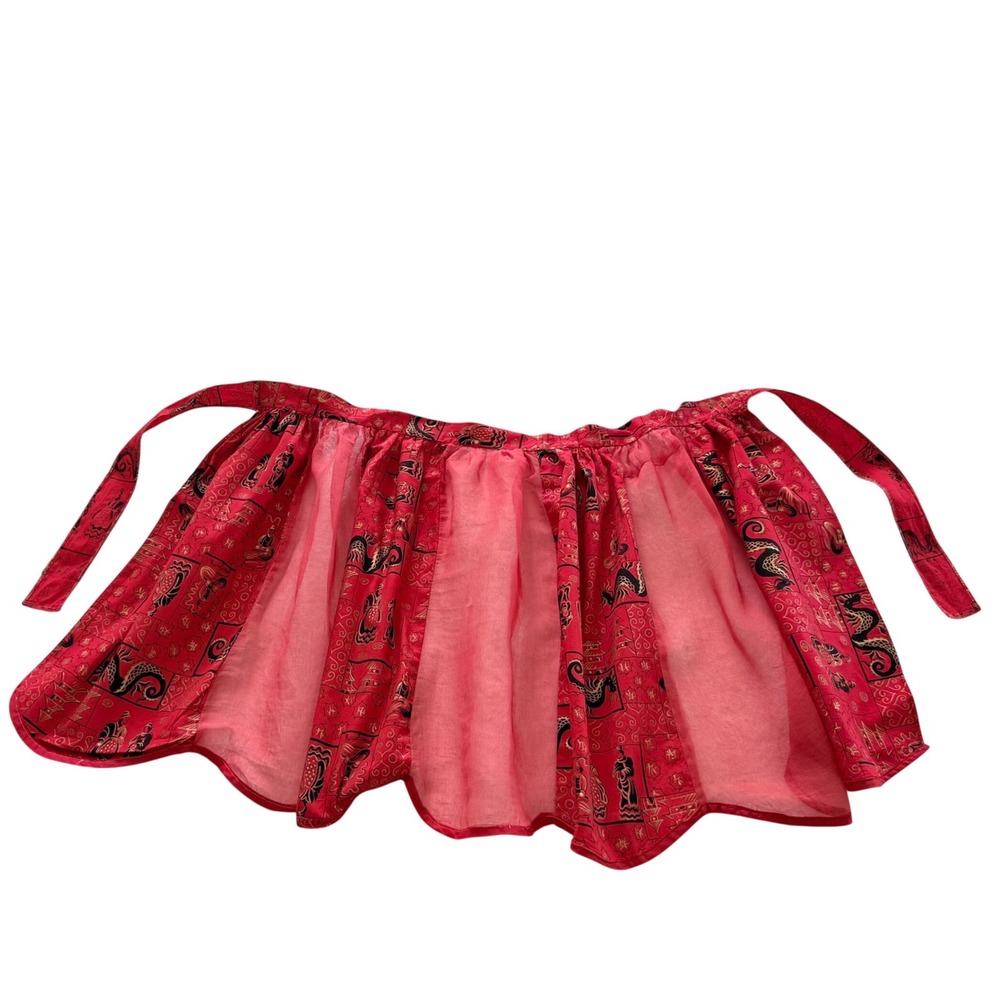 Vintage Dragon Pagoda Apron Women OS Red Sheer Panel Novelty Print Mini READ
